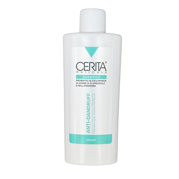 cerita-anti-dandruff-shampoo شامپو ضد شوره سریتا، مناسب شوره چرب، حاوی سیکلوپیروکس و پروبیوتیک، ضد خارش، ضد قارچ و تنظیمکننده چربی پوست سر