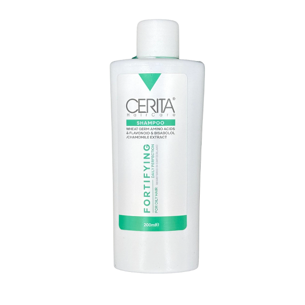 cerita-fortifying-shampoo-oily-hair-200ml شامپو تقویتکننده موی چرب سریتا 200 میلیلیتر، حاوی جوانه گندم، آمینواسید، فلاونوئید و عصاره بابونه، مناسب کنترل چربی و تقویت مو