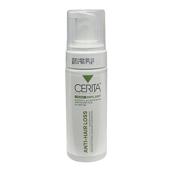 cerita-implant-hair-transplant-foam-shampoo-150ml شامپو فوم پس از کاشت مو سریتا مدل ایمپلنت 150 میلیلیتر، مخصوص موهای کاشتهشده و PRP، حاوی کافئین، عصاره چای سبز و آلانتوئین، ضد التهاب و تقویتکننده پوست سر