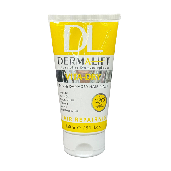 dermalift-dry-damaged-hair-mask-150ml ماسک موهای خشک و آسیبدیده درمالیفت ۱۵۰ میلیلیتر، حاوی روغن آرگان، جوجوبا، ماکادمیا، ویتامین E و کراتین هیدرولیز شده، ترمیمکننده و محافظ مو در برابر حرارت تا ۲۳۰ درجه سانتیگراد