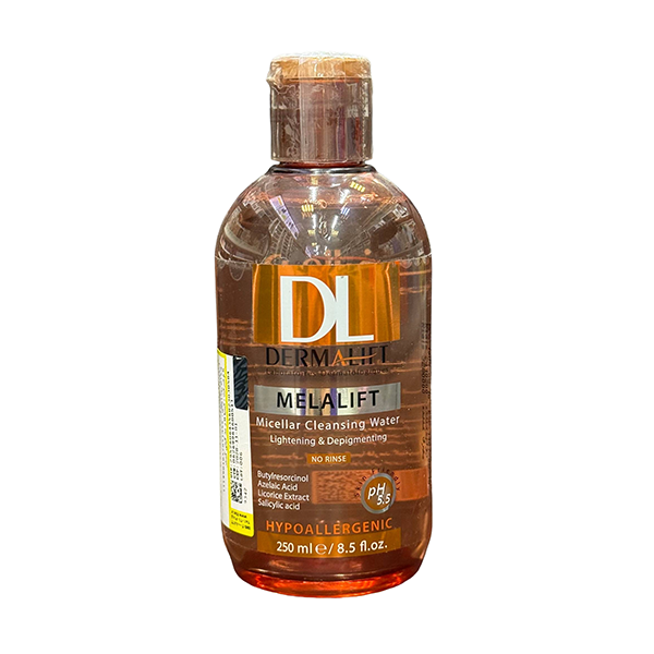 dermalift-melalift-micellar-cleansing-water-250mlpng میسلار واتر روشنکننده درمالیفت 250 میلیلیتر، مناسب انواع پوست، بدون نیاز به آبکشی، حاوی Butylresorcinol، Azelaic Acid، عصاره شیرینبیان و اسید سالیسیلیک برای پاکسازی آرایش و کمک به شفافیت پوست
