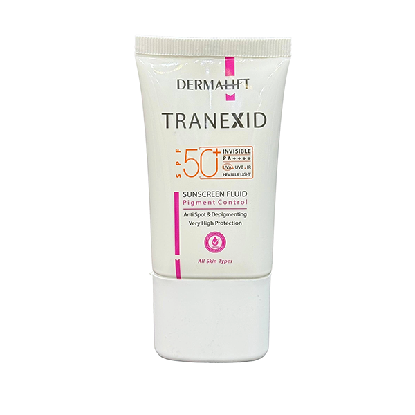 dermalift-tranexid-sunscreen-fluid-spf50-pigment-control فلوئید ضد آفتاب ضد لک درمالیفت SPF 50 مناسب انواع پوست با محافظت PA++++ در برابر UVA، UVB، IR و نور آبی، با بافت سبک و بدون ایجاد سفیدی روی پوست