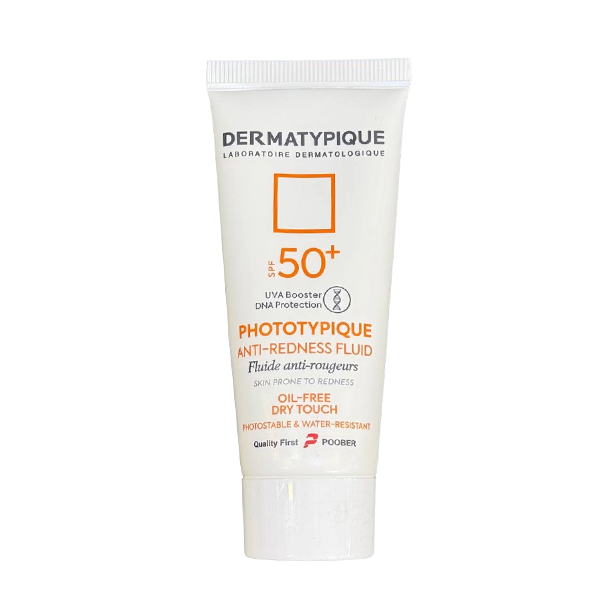 ضد آفتاب فلوئید ضد قرمزی درماتیپیک SPF 50+ حجم 40 میلی‌لیتر، مناسب پوست حساس و مستعد رزاسه، با محافظت بالا در برابر اشعه UVA و UVB، بافت سبک، آبرسان و بدون ایجاد سفیدک