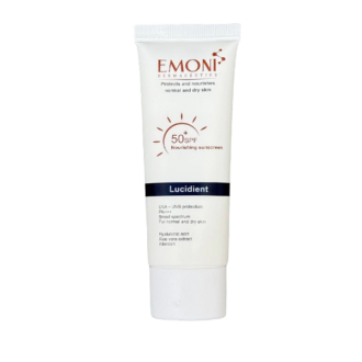 ضد آفتاب مغذی امونی درماسوتیکس Lucidient SPF 50+ مناسب پوست نرمال و خشک، با محافظت بالا در برابر اشعه UVA و UVB، آبرسان، مغذی و بدون ایجاد رد سفیدی روی پوست.