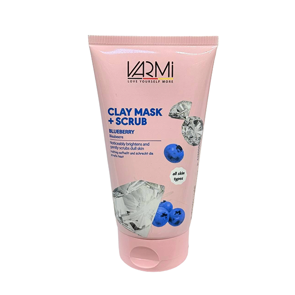 varmi-clay-mask-scrub-blueberry-150ml ماسک رسی و اسکراب بلوبری وارمی 150 میلیلیتر، پاکسازی عمیق، لایهبرداری ملایم و شادابکننده پوست مناسب انواع پوست