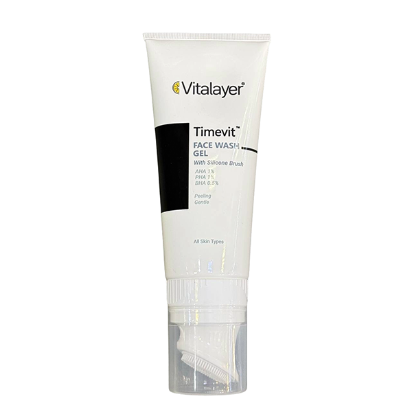 vitalayer-timevit-face-wash-gel ژل شستشوی تایم ویت ویتالیر با برس سیلیکونی، مناسب پوست بالغ، پاککننده ملایم، آبرسان و شادابکننده پوست.