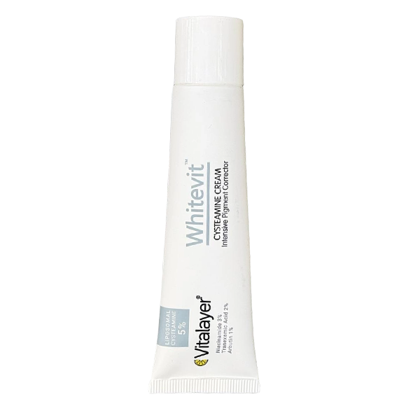 vitalayer-whitevit-cysteamine-cream کرم سیستئامین وایت ویت ویتالیر، کرم ضد لک و روشنکننده پوست، مناسب کاهش ملاسما، لکهای ناشی از آفتاب و جای جوش، حاوی سیستئامین.