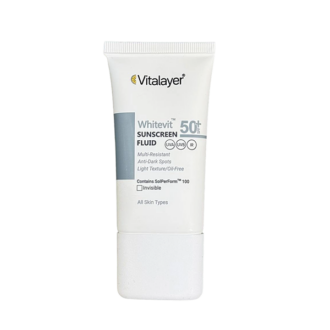 فلوئید ضد آفتاب وایت ویت ویتالیر SPF 50+ مناسب پوست دارای لک، با محافظت بالا در برابر اشعه‌های UVA و UVB، بافت سبک و جذب سریع.