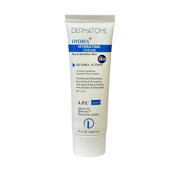 dermatome-hydrex-hydrating-cream-50ml کرم آبرسان هیدرکس درماتوم 50 میلیلیتر، مناسب پوست خشک و حساس با Q10، روغن آرگان، سرامید و ترکیبات آبرسان.