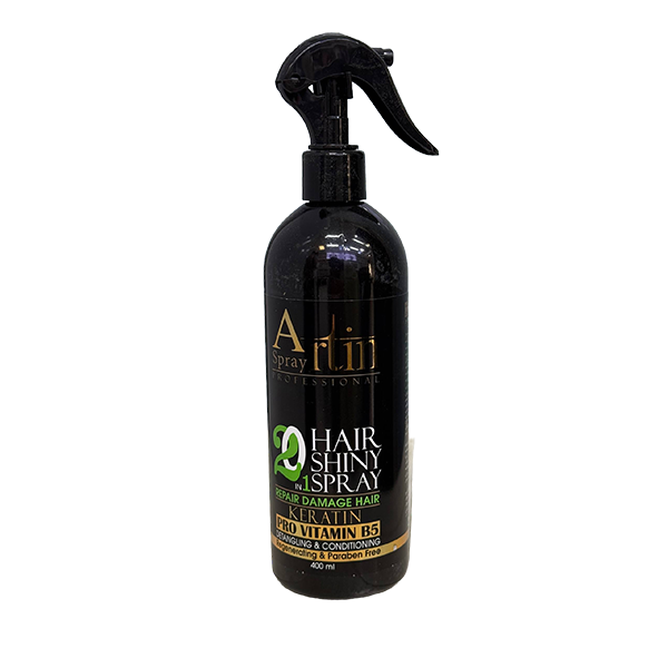 hair-shiny-n1-spray اسپری براقکننده و ترمیمکننده مو آرتین حاوی کراتین و پروویتامین B5 برای موهای آسیبدیده حجم ۴۰۰ میلیلیتر
