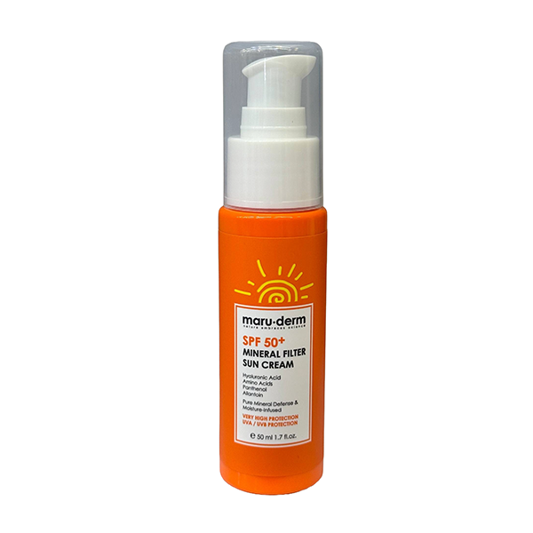 maruderm-mineral-filter-sun-cream-spf50-50ml کرم ضد آفتاب مینرال مارودرم SPF50+ حجم 50 میلیلیتر، حاوی فیلترهای معدنی، هیالورونیک اسید، پانتنول و آلانتوئین برای محافظت و آبرسانی پوست.