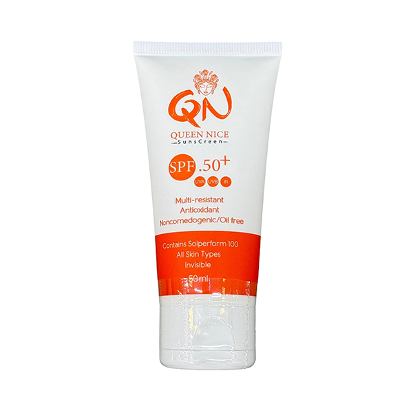 ضد آفتاب بی‌رنگ کوئین نایس SPF 50+ حجم 50 میلی‌لیتر، فاقد چربی، غیرکومدون‌زا، مناسب انواع پوست با محافظت در برابر اشعه‌های UVA، UVB و IR