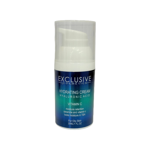 xclusive-Cosmetics-Hydrating-Cream-Hyaluronic-Acid-Vitamin-C کرم آبرسان اکسکلوسیو حاوی هیالورونیک اسید و ویتامین C مناسب پوست چرب ۳۰ میلیلیتر
